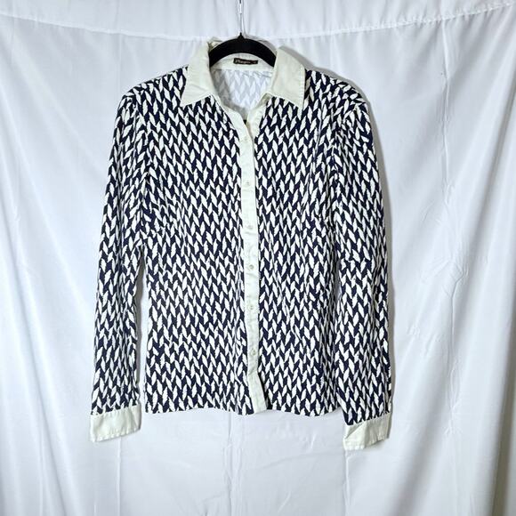 J. McLaughlin Navy White Geometric Print Collared Button-Up Top | Size M - Picture 1 of 6